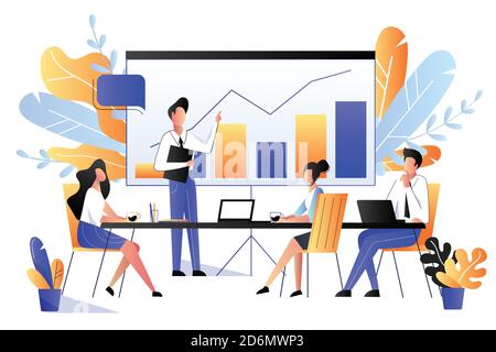 Project presentation concept. Vector flat style illustration. People at business meeting or marketing conference. Stock Vector