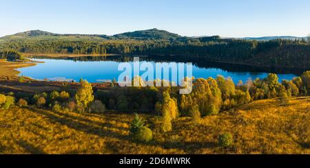 Aerial view of Stroan Loch in autumn, Galloway Forest, Dumfries & Galloway, Scotland Aerial view of Stroan Loch in autumn, Galloway Forest, Dumfries & Galloway, Scotland