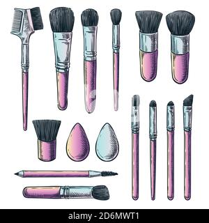 Makeup brushes vector color gradient sketch illustration. Female cosmetics design elements. Hand drawn isolated beauty tools. Stock Vector