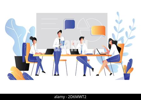 Teamwork, cooperation, partnership concept. Vector flat style illustration. Business people have brainstorming in office. Stock Vector