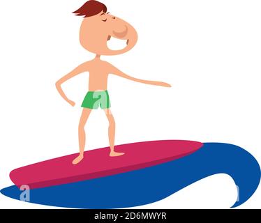 Boy surfing, illustration, vector on white background Stock Vector