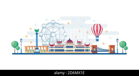 Budapest cityscape with famous touristic landmarks. Vector flat illustration. Travel to Hungary horizontal banner design. Parliament, Heroes Square an Stock Vector