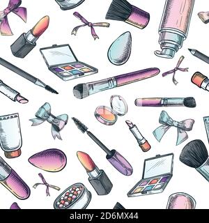 Makeup cosmetics and brushes. Vector seamless fashion pattern. Female beauty background for textile print, wrapping or package. Sketch hand drawn illu Stock Vector