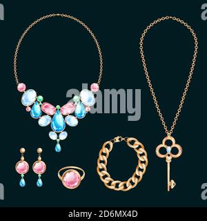 Golden jewelry and gems, vector cartoon illustration. Set of diamond necklace, chain and wedding rings. Luxury gifts design elements. Stock Vector