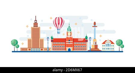 Warsaw cityscape with famous touristic landmarks. Vector flat illustration. Travel to Poland horizontal banner design elements. Stock Vector