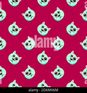 Bored cat, seamless pattern on red background. Stock Vector