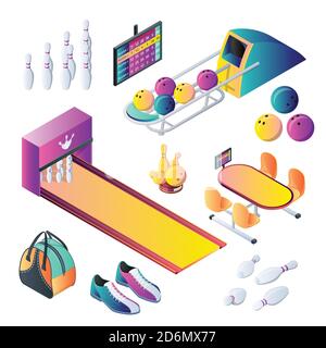 Bowling club vector 3d isometric icons and design elements set. Bowling balls, skittles and equipment illustration. Stock Vector