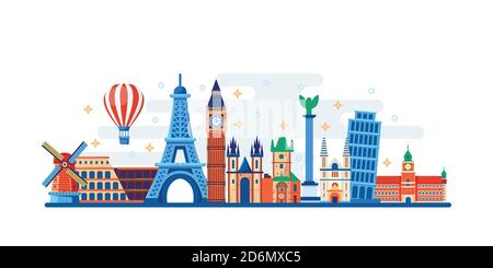 Famous travel and touristic landmarks. Vector flat illustration. World travel concept. Horizontal banner or poster design elements. Stock Vector