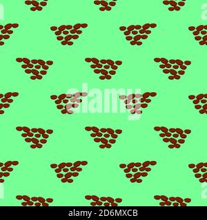 Brown Coffee beans, seamless pattern on green background. Stock Vector