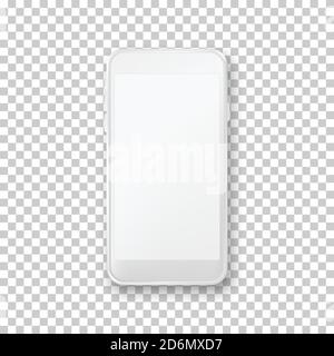 Smartphone mockup design template. Vector realistic 3d illustration of white plastic mobile phone on transparent background. Blank screen modern devic Stock Vector