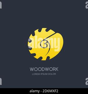 Woodwork and carpentry logo emblem concept. Circular saw and wood shaving, vector label icon design. Stock Vector