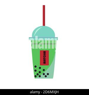 A glass of matcha drink in a plastic mug. Stock Vector