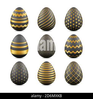 Easter 3d realistic eggs with geometric texture. Vector holiday design elements. Black and gold color pattern. Stock Vector