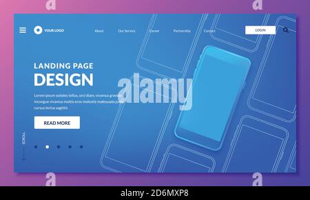 Blue 3d smartphone illustration, minimalistic mockup for mobile interface, landing page or web banner. Vector layout design elements. Stock Vector