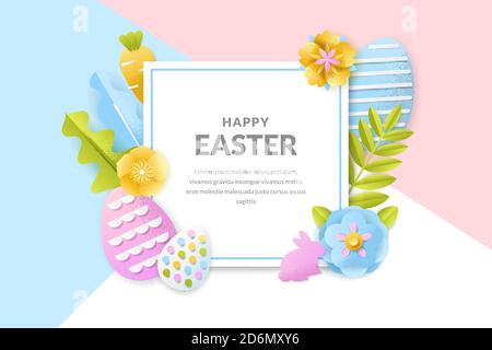 Happy Easter vector poster, banner template. Holiday frame background with 3d paper cut eggs, flowers and leaves. Creative handmade greeting card desi Stock Vector