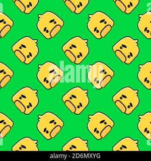 Sad little chick, seamless pattern on bright green background. Stock Vector
