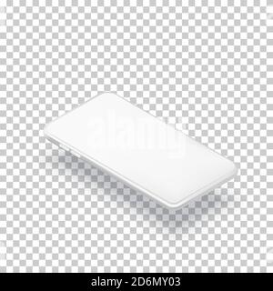 Smartphone horizontal mockup design template. Vector realistic 3d isometric illustration of white plastic mobile phone on transparent background. Blan Stock Vector