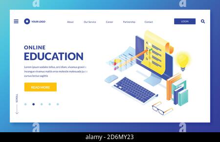 Online computer quiz. Landing page or banner design template. Vector 3d isometric illustration. Internet education, learning and training concept. Stock Vector