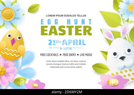 Egg hunt Easter poster, banner or flyer template. Vector layout. Holiday greeting card illustration. Paper cut colorful fun background. Stock Vector