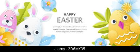 Easter vector banner template. Holiday horizontal background with 3d paper cut cute rabbit and chicken eggs, flowers and leaves. Craft greeting card d Stock Vector