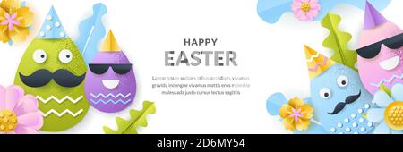 Easter vector banner template. Holiday horizontal background with 3d paper cut funny characters faces eggs, flowers and leaves. Creative handmade gree Stock Vector