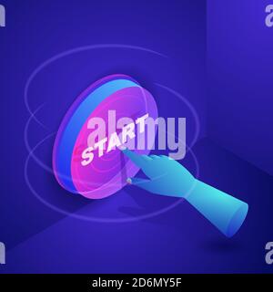 Human hand press start button. Business start-up and digital technology concept. Vector neon gradients 3d isometric illustration. Stock Vector