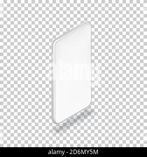 Smartphone vertical mockup design template. Vector realistic 3d isometric illustration of white plastic mobile phone on transparent background. Blank Stock Vector