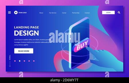 Landing page, web banner design layout. Human finger press buy button, vector 3d isometric illustration. Marketing, internet shopping, e-commerce conc Stock Vector