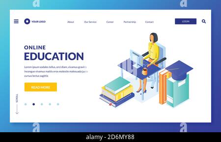 Online distance education and study concept. Vector 3d isometric illustration of student girl sitting at computer. Landing page or banner design templ Stock Vector