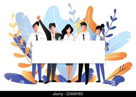 Young people holding horizontal blank white banner. Abstract business poster background with copy space. Vector flat style illustration. Teamwork pres Stock Vector