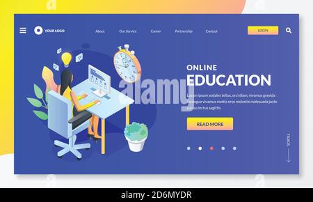 Online computer quiz, exam or test concept. Female student pass online test. Vector isometric gradient illustration. Landing page or banner design tem Stock Vector