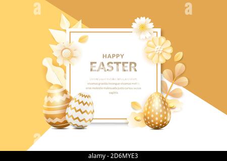Happy Easter vector banner or poster template. Holiday frame background with 3d realistic golden eggs, flowers and leaves. Creative greeting card desi Stock Vector
