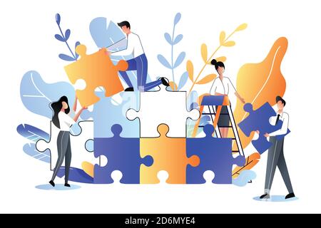 Young people collect multicolor puzzle. Vector flat illustration. Development, teamwork and partnership business metaphor. Stock Vector