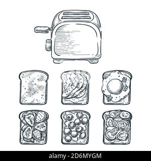 Toaster and various toppers on toasted bread. Cooking breakfast, vector sketch illustration. Recipes and ingredients for delicious toast toppings. Res Stock Vector