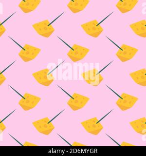 Cute cheese on a stick, seamless pattern on pink background. Stock Vector