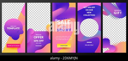 Stories vector template for Instagram social network. Story abstract background with neon fluid gradient. Trendy design for fashion sale and special o Stock Vector