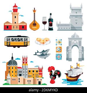 Travel to Portugal icons and isolated design elements set. Vector Portuguese and Lisbon culture symbols, food and landmarks. Stock Vector