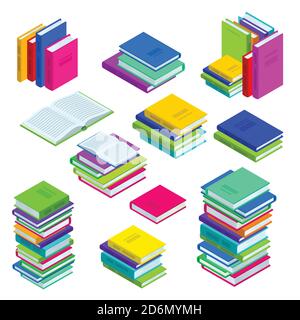 Open and closed book and stacked books. Multicolor vector isometric icons set. Library, study and education symbols. Stock Vector