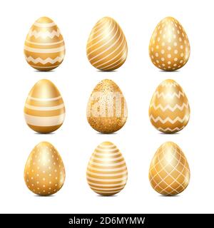 Easter 3d realistic eggs with geometric texture. Vector holiday design elements. Golden eggs with white pattern. Stock Vector