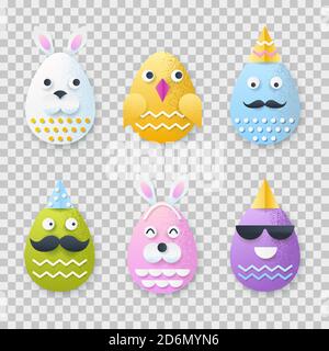 Easter 3d paper cut eggs with funny characters faces. Vector holiday craft handmade design elements on transparent background. Stock Vector