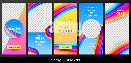 Stories vector template for Instagram social network. Story abstract white background with gradient paint brush stroke. Trendy design for fashion sale Stock Vector