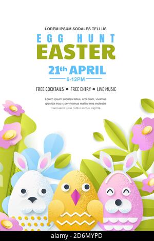 Egg hunt Easter vertical poster layout with place for text. Vector holiday  banner or flyer template. Paper layers craft style illustration of cute cha  Stock Vector Image & Art - Alamy