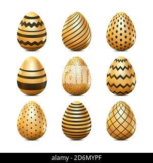Easter 3d realistic eggs with geometric texture. Vector holiday design elements. Golden eggs with black pattern. Stock Vector