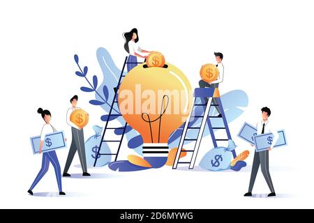 Crowdfunding and investment into idea or business startup. Vector flat illustration. Young people putting money to bulb piggybank. Crowd funding, char Stock Vector