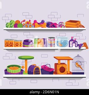 Pet shop vector illustration. Market shelves with food, supplies, accessories and toys for dogs and cats. Banner, flyer or poster flat background. Stock Vector