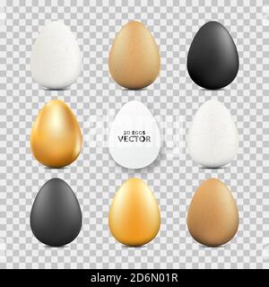 Easter realistic eggs set on transparent background. Vector 3d food illustration. Holiday design elements. Stock Vector