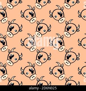 Cow head, seamless pattern on beige background. Stock Vector