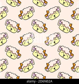 Sheep head, seamless pattern on light pink background. Stock Vector