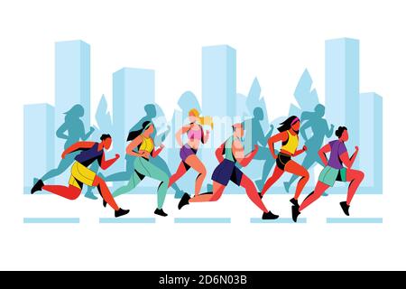 City marathon vector flat illustration. Running colorful people against city silhouette background. Outdoor sport and healthy lifestyle concept. Stock Vector
