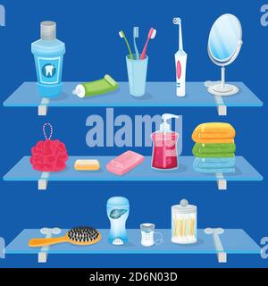 Personal hygiene supplies. Vector cartoon illustration. Bathroom glass shelves with soap, toothbrush, toothpaste and hand towels. Sanitary and care ic Stock Vector